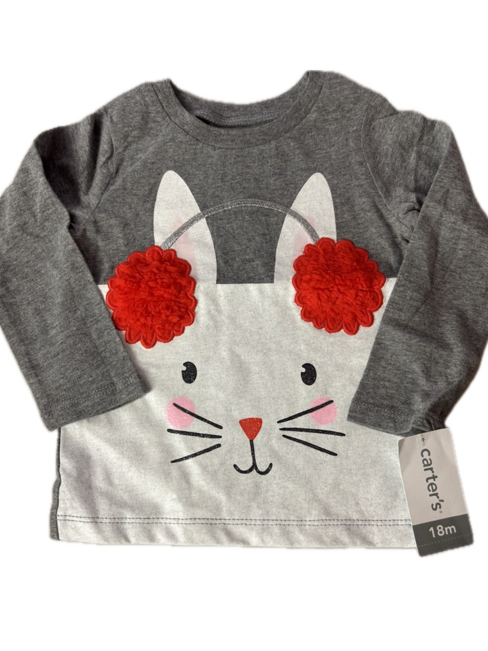 Carter's Cotton Gray & White Bunny Long-Sleeve Top Red Orange Pom Ear Accent